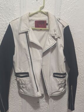 Tripp NYC Two-Tone White Body Black Sleeve Moto Jacket